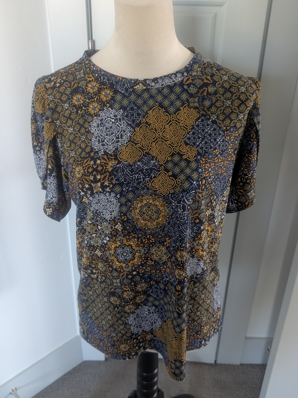 Michael Kors Navy, Gold & White Patterned Short-Sleeve Blouse